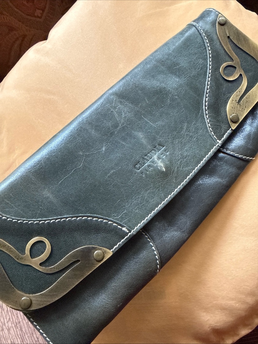 Claudia Firenze Olive Green Leather Clutch,Brass Corners Made in Italy